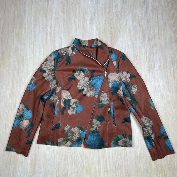Elie Tahari Faux Leather Brown Hydrangea Floral Print Boho Chic Moto Jacket XL - Picture 1 of 16